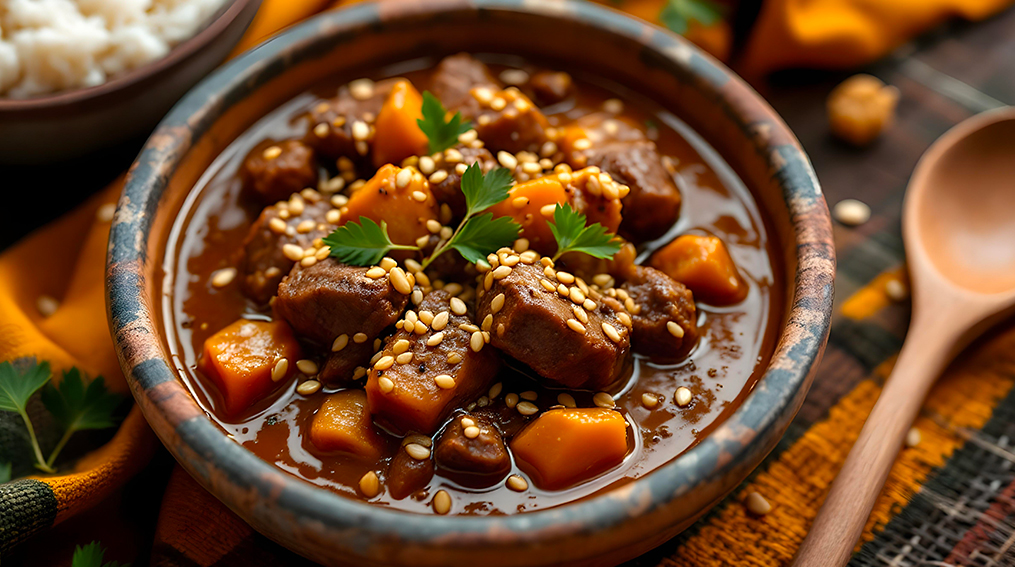 Mafa con cipolla in polvere e semi di sesamoVedi ricetta.